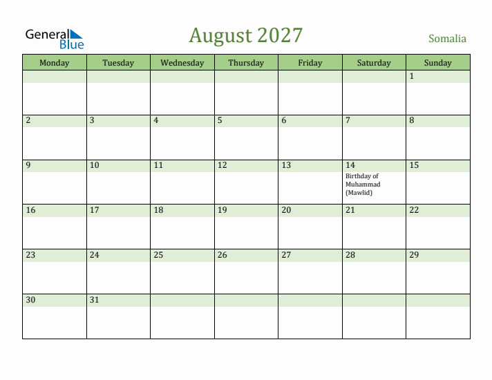 August 2027 Calendar with Somalia Holidays