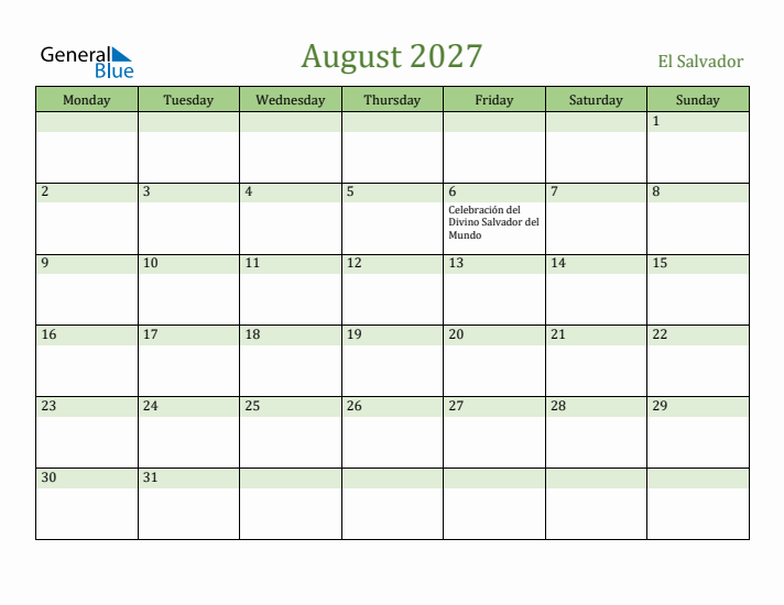 August 2027 Calendar with El Salvador Holidays