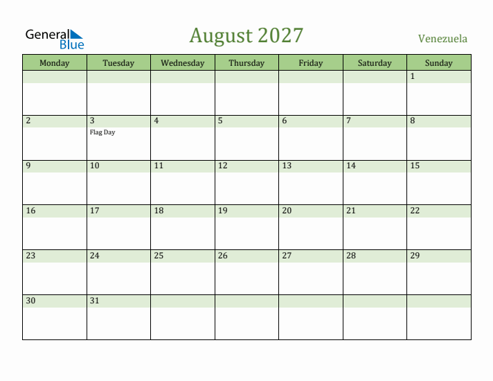 August 2027 Calendar with Venezuela Holidays