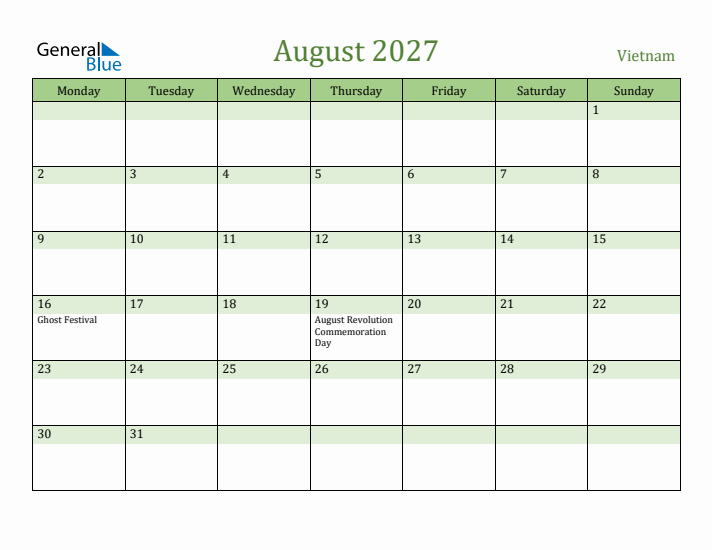 August 2027 Calendar with Vietnam Holidays