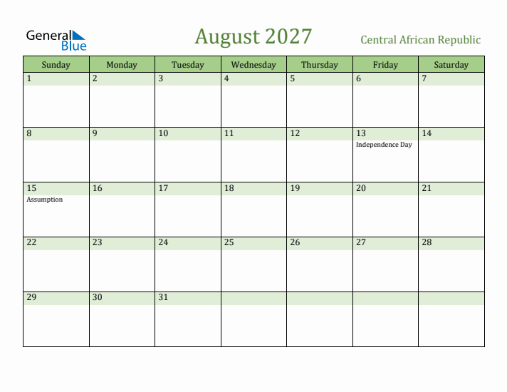 August 2027 Calendar with Central African Republic Holidays