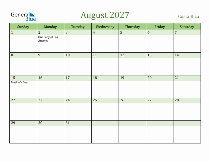 August 2027 Calendar with Costa Rica Holidays