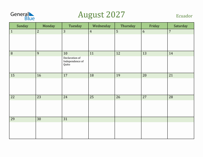 August 2027 Calendar with Ecuador Holidays