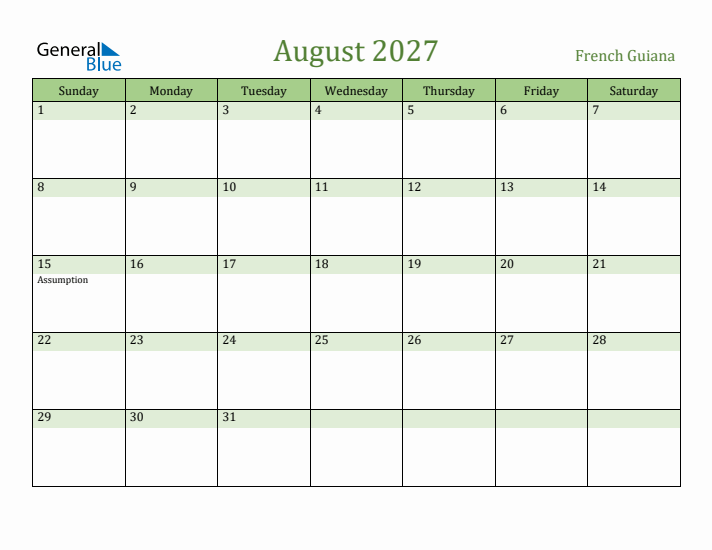 August 2027 Calendar with French Guiana Holidays