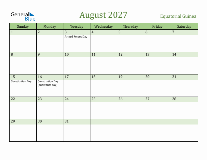 August 2027 Calendar with Equatorial Guinea Holidays