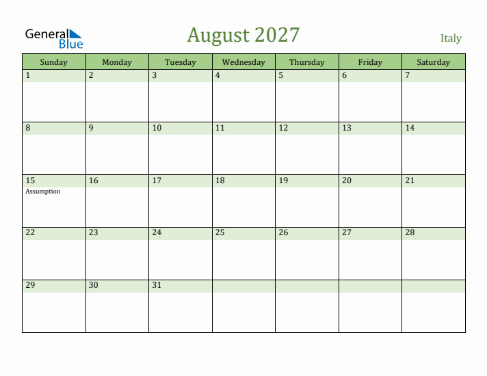 August 2027 Calendar with Italy Holidays