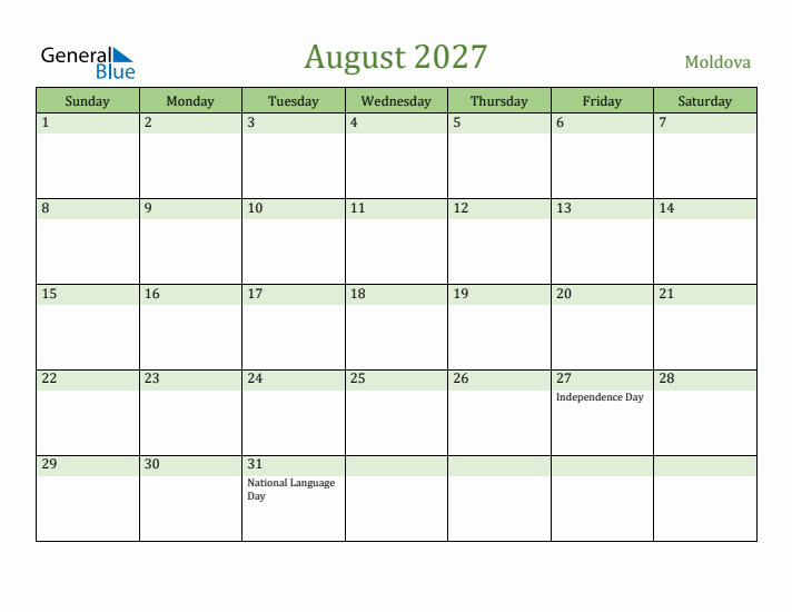 August 2027 Calendar with Moldova Holidays