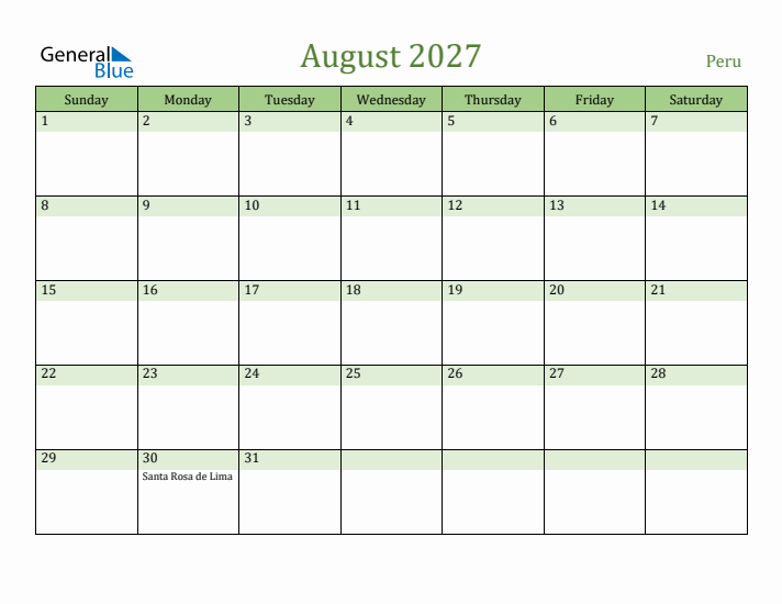 August 2027 Calendar with Peru Holidays