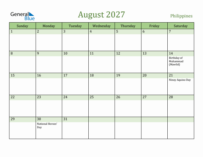 August 2027 Calendar with Philippines Holidays