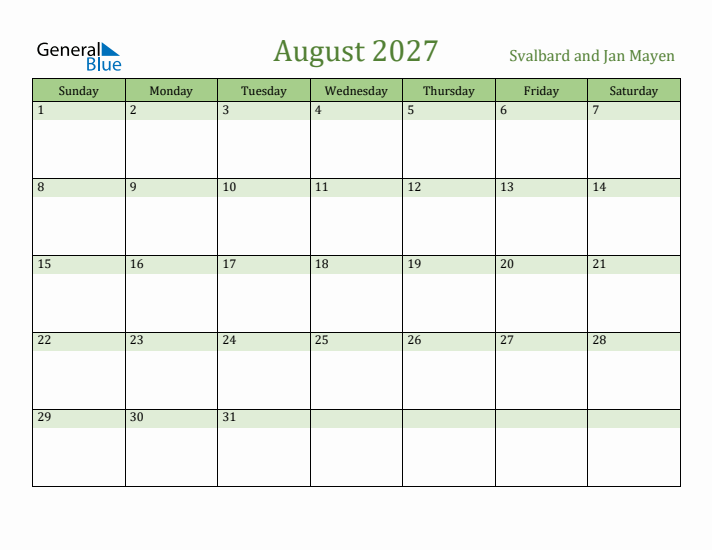 August 2027 Calendar with Svalbard and Jan Mayen Holidays