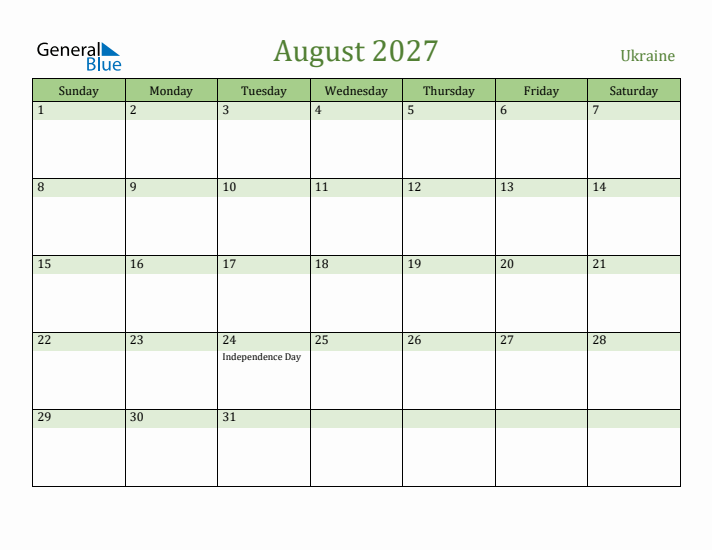 August 2027 Calendar with Ukraine Holidays