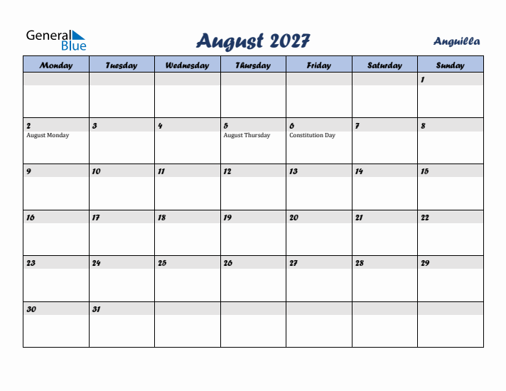 August 2027 Calendar with Holidays in Anguilla