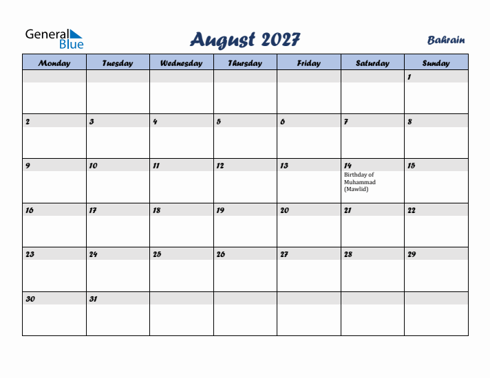 August 2027 Calendar with Holidays in Bahrain