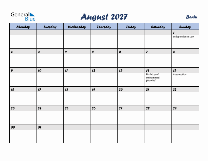 August 2027 Calendar with Holidays in Benin