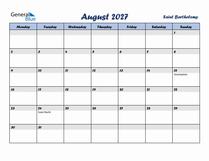 August 2027 Calendar with Holidays in Saint Barthelemy