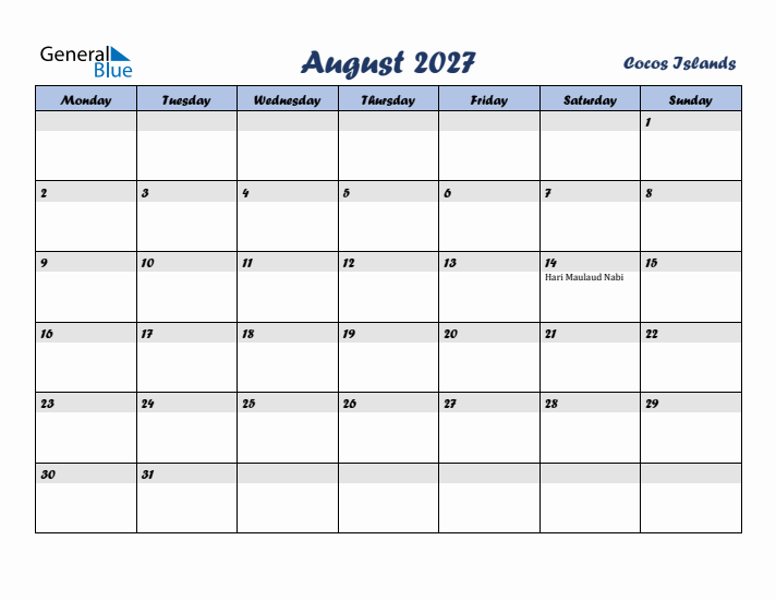 August 2027 Calendar with Holidays in Cocos Islands