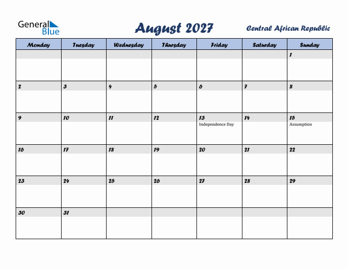 August 2027 Calendar with Holidays in Central African Republic