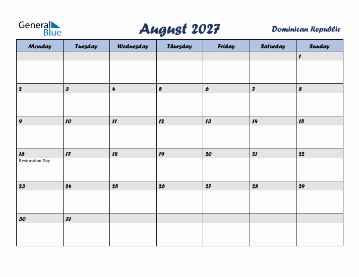 August 2027 Calendar with Holidays in Dominican Republic