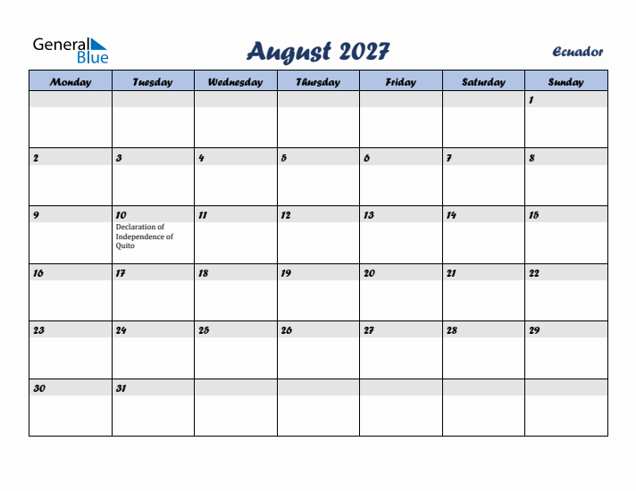 August 2027 Calendar with Holidays in Ecuador