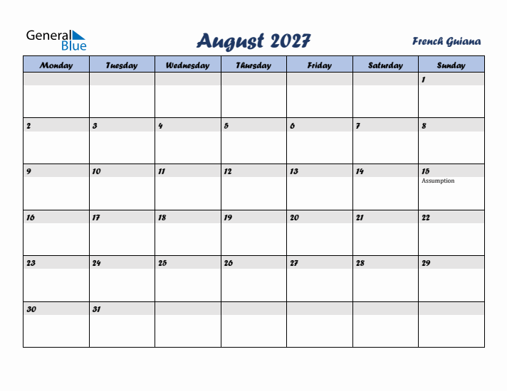 August 2027 Calendar with Holidays in French Guiana