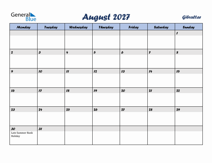 August 2027 Calendar with Holidays in Gibraltar