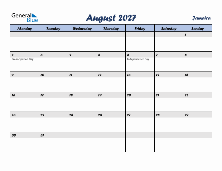 August 2027 Calendar with Holidays in Jamaica