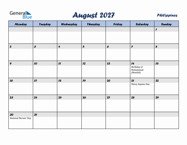 August 2027 Calendar with Holidays in Philippines