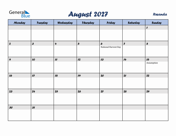 August 2027 Calendar with Holidays in Rwanda