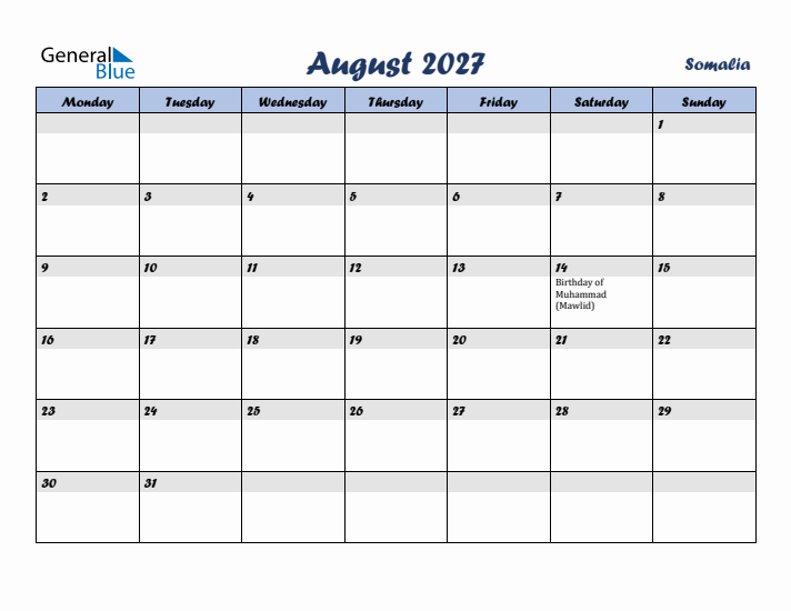 August 2027 Calendar with Holidays in Somalia