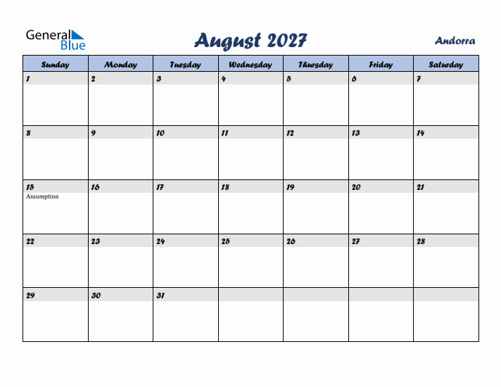 August 2027 Calendar with Holidays in Andorra