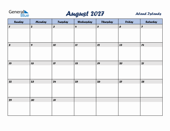 August 2027 Calendar with Holidays in Aland Islands