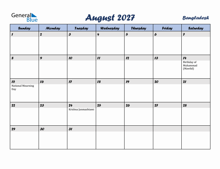 August 2027 Calendar with Holidays in Bangladesh