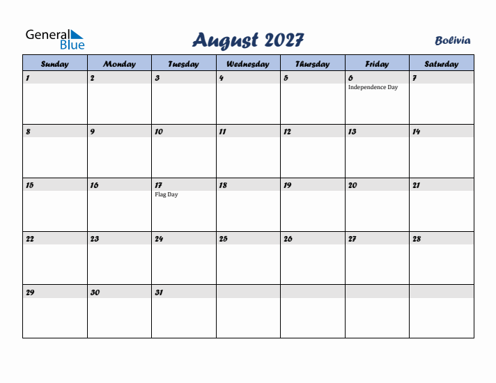 August 2027 Calendar with Holidays in Bolivia