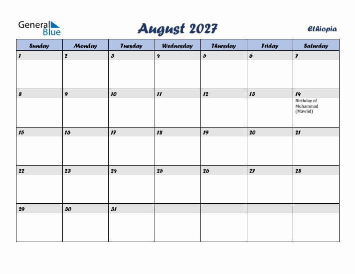 August 2027 Calendar with Holidays in Ethiopia