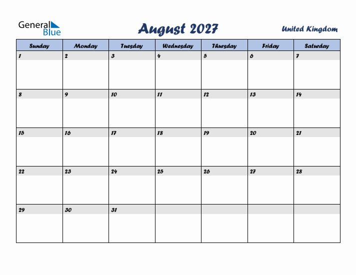 August 2027 Calendar with Holidays in United Kingdom