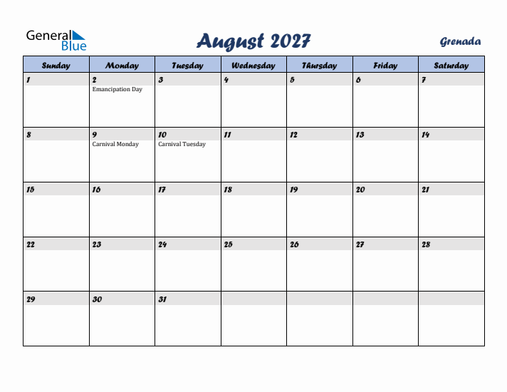 August 2027 Calendar with Holidays in Grenada