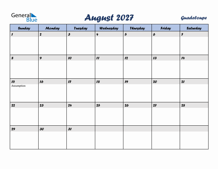 August 2027 Calendar with Holidays in Guadeloupe