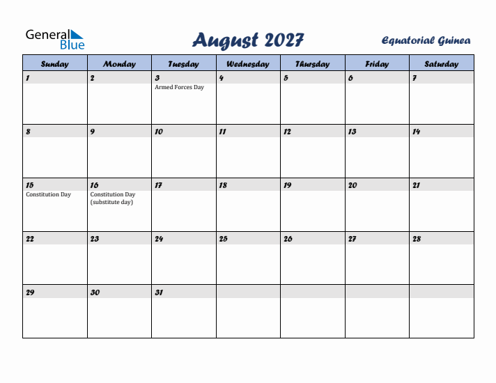 August 2027 Calendar with Holidays in Equatorial Guinea