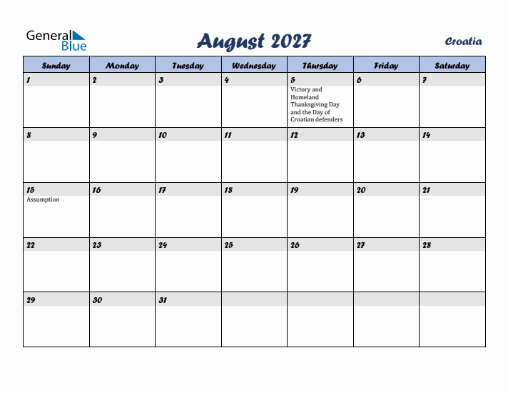 August 2027 Calendar with Holidays in Croatia