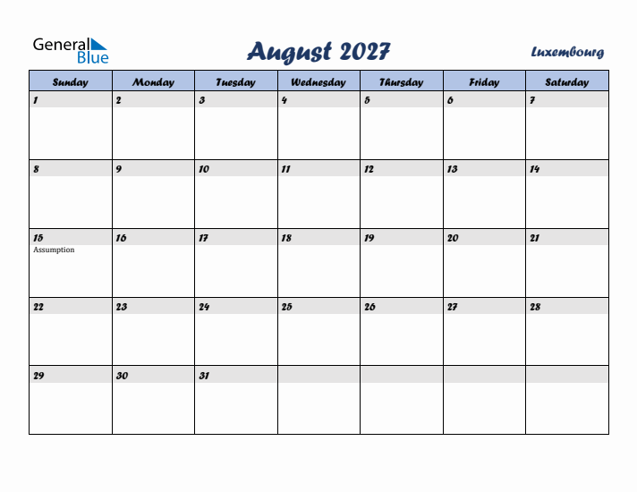 August 2027 Calendar with Holidays in Luxembourg