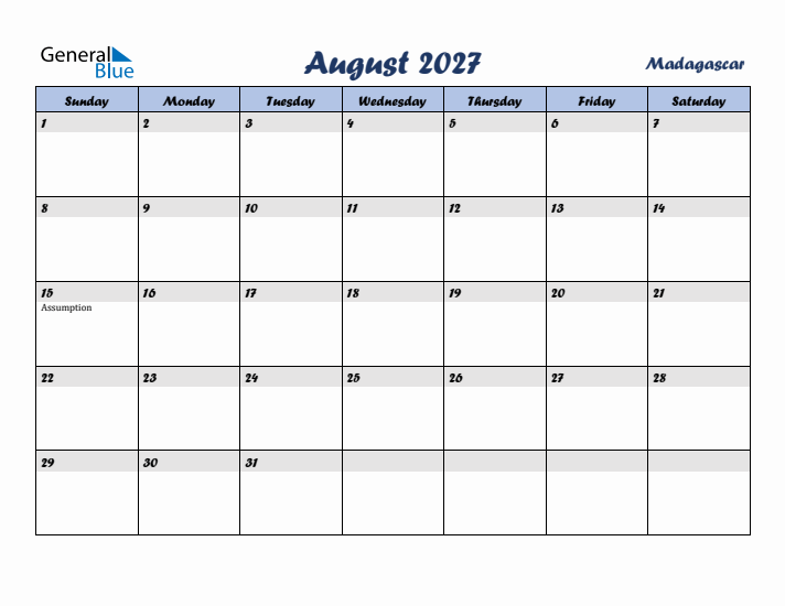 August 2027 Calendar with Holidays in Madagascar