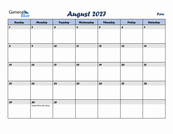 August 2027 Calendar with Holidays in Peru