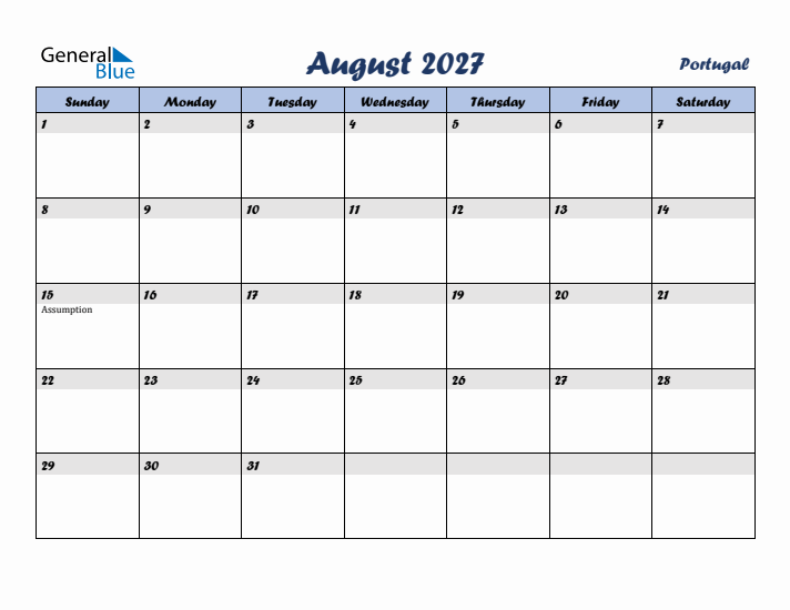 August 2027 Calendar with Holidays in Portugal