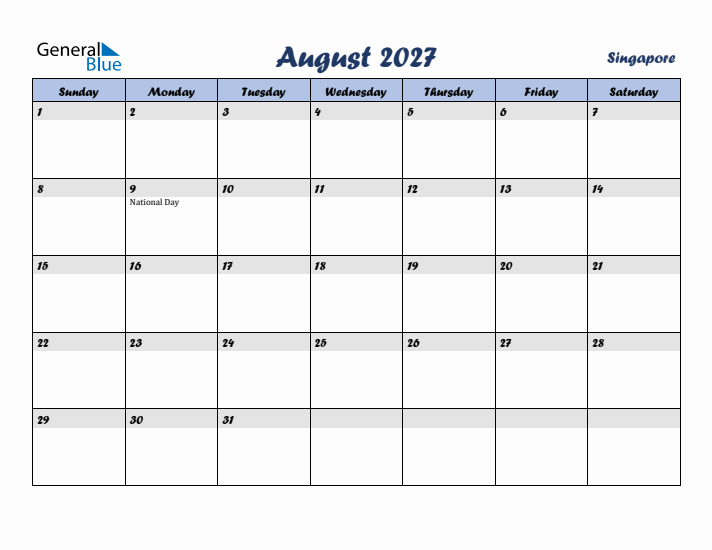 August 2027 Calendar with Holidays in Singapore