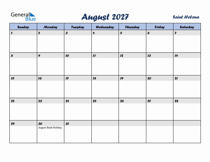 August 2027 Calendar with Holidays in Saint Helena