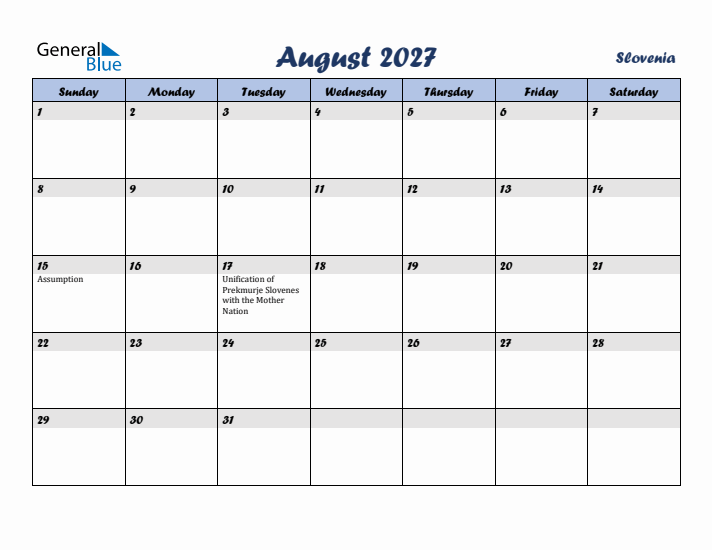 August 2027 Calendar with Holidays in Slovenia