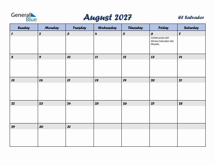 August 2027 Calendar with Holidays in El Salvador