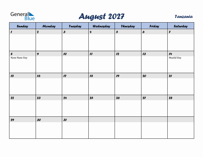 August 2027 Calendar with Holidays in Tanzania