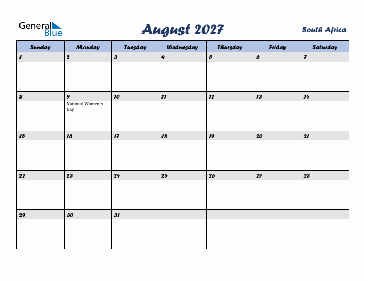 August 2027 Calendar with Holidays in South Africa