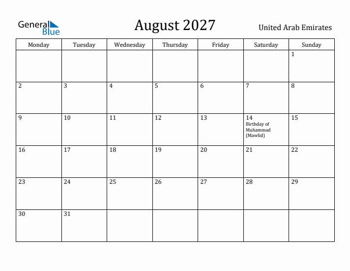 August 2027 Calendar United Arab Emirates